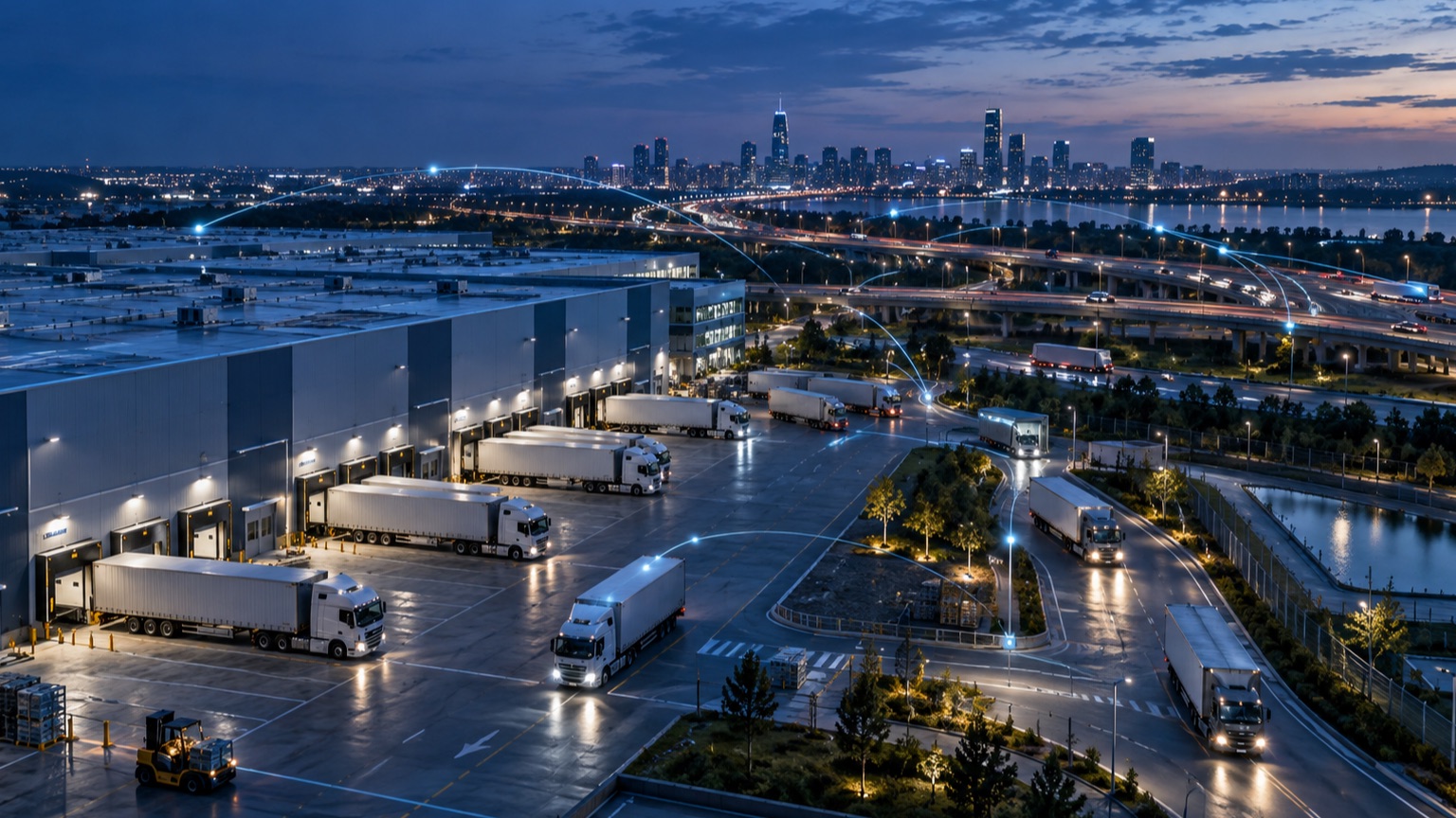 Connected freight routes moving through a modern logistics hub at blue hour